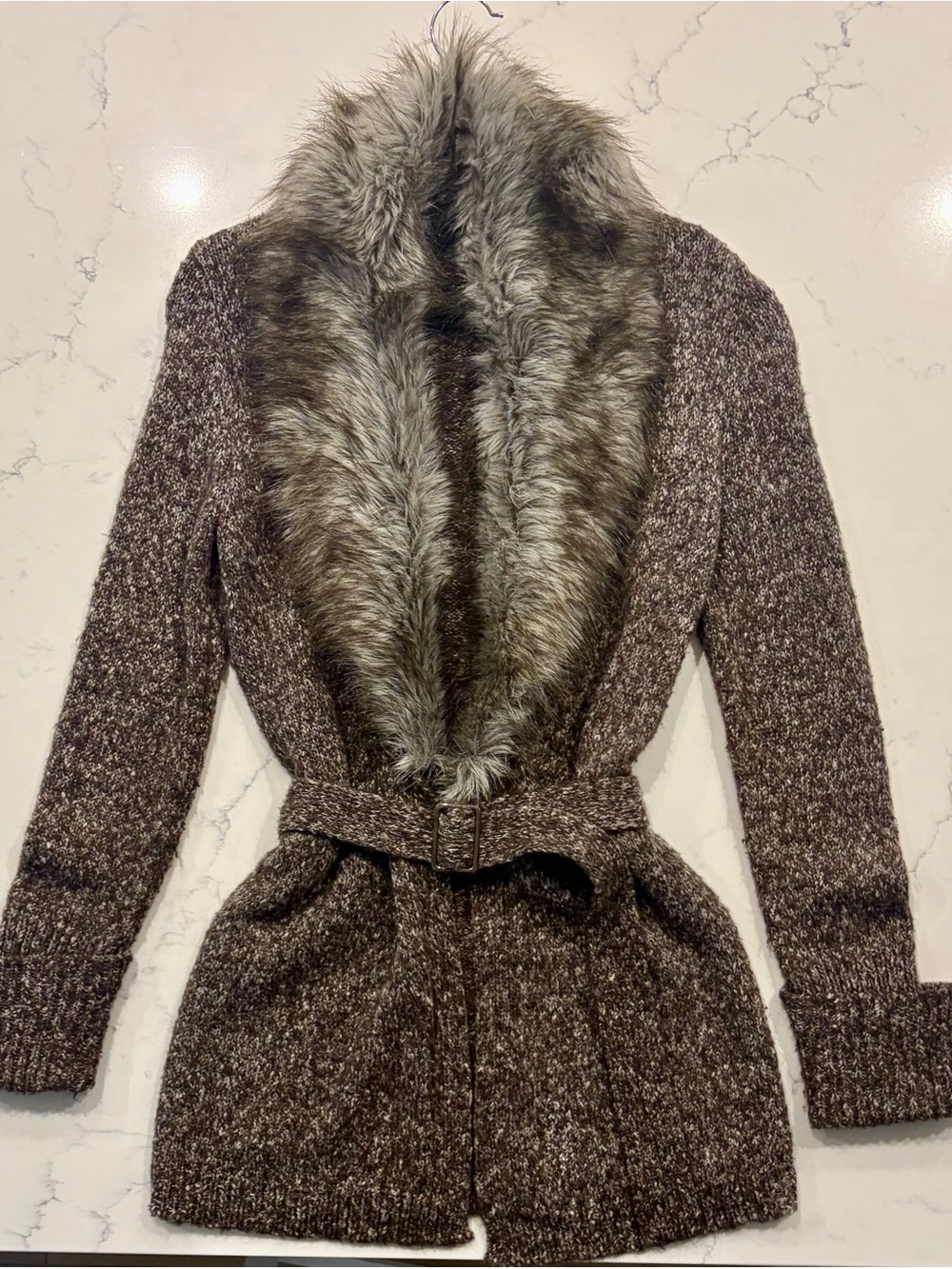 Faux Fur Collar Knit Cardigan - Brown